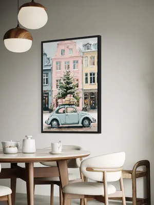 Plakat Pastel Delivery - pastelowy samochód z prezentami i świąteczna kamienica - obrazek 3
