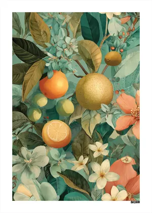 Plakat Tropical Fruits - soczyste owoce cytrusowe z tropikalnymi kwiatami i zielenią
