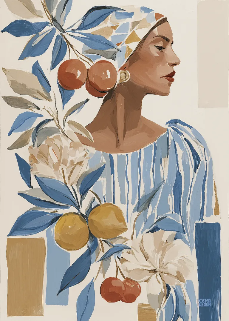 Citrus Muse — portret kobiety w chustce z cytrynami i wiśniami