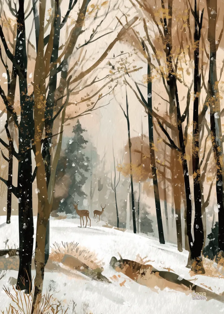 Winter Deer Walk — dwa jelenie w zimowym lesie, akwarela, spokojna atmosfera
