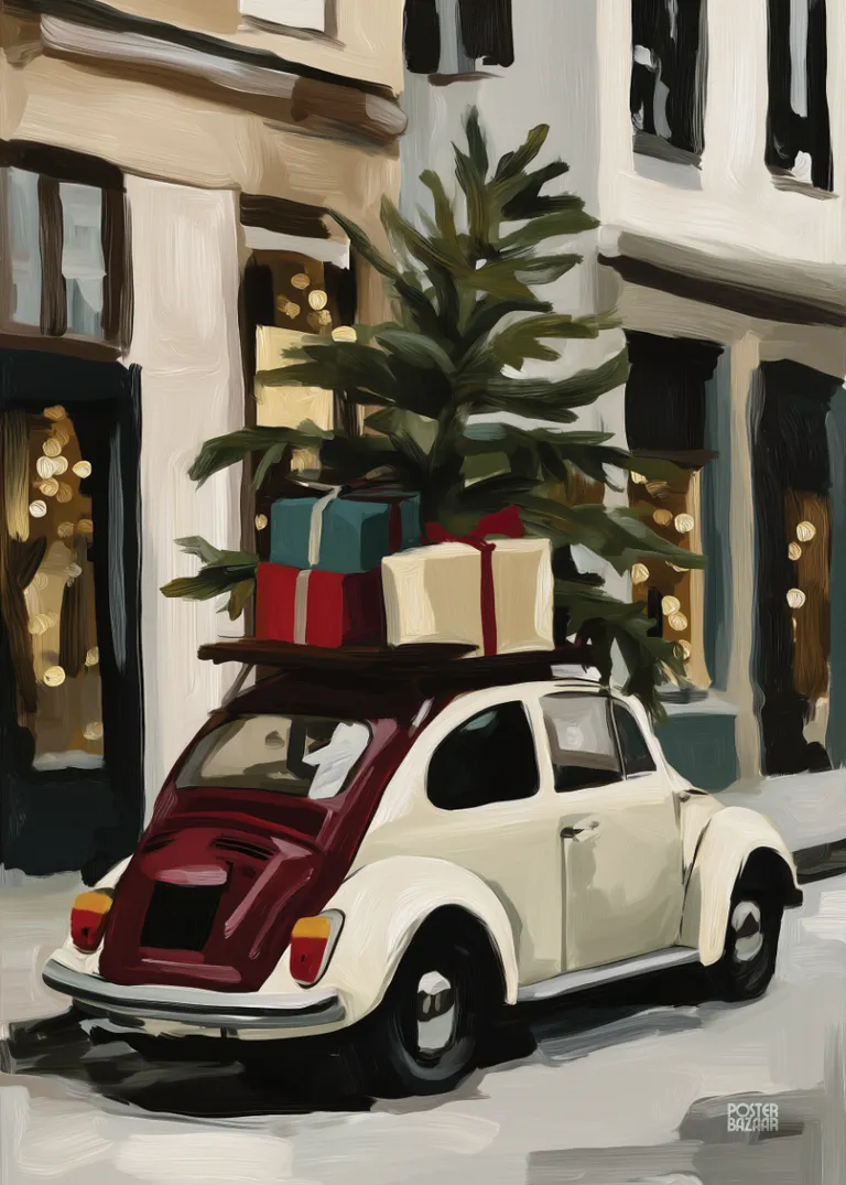 Festive Beetle — malarska scena świątecznego garbusa z choinką i prezentami