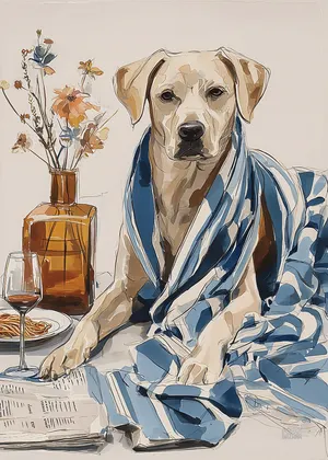 Plakat Pampered Pooch - elegancki pies owinięty w pasiasty koc z lampką wina, malarska ilustracja w beżu i błękicie