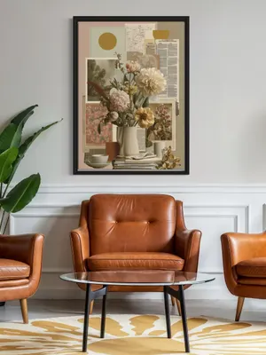 Plakat Floral Collage - bukiet kwiatów w kremowym wazonie z kolażem retro - obrazek 2