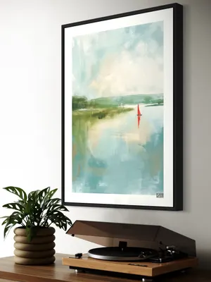 Plakat Sail Away - spokojny krajobraz z czerwoną żaglówką na jeziorze - obrazek 3