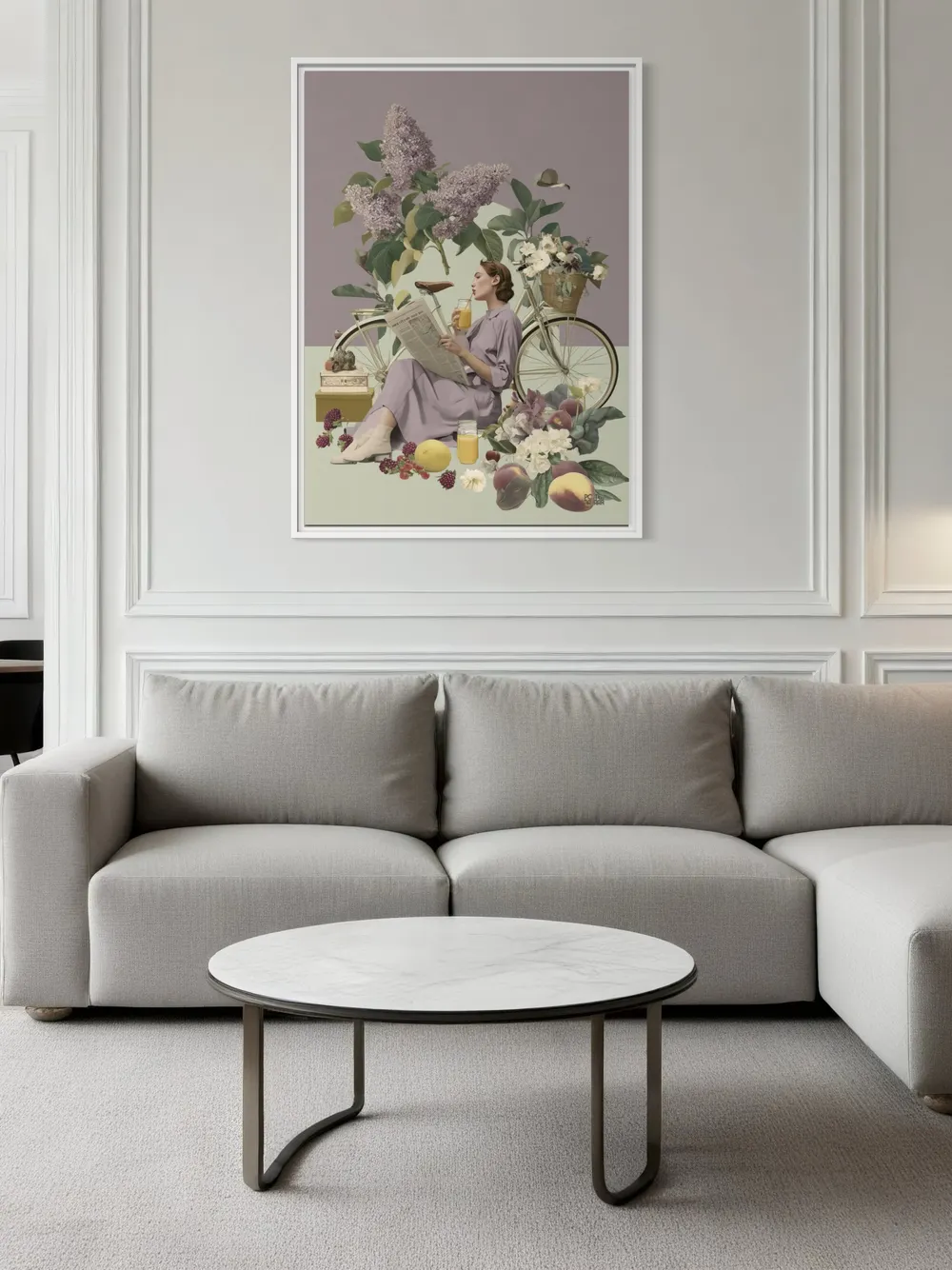 Plakat Lilac Leisure - kobieta w liliowej sukience przy rowerze z kwiatami - obrazek 3