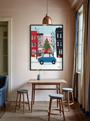 Plakat Winter Delivery - ilustracyjny zimowy klimat miasta z choinką i prezentami - obrazek 2