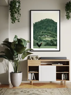 Plakat Rooster Valley - czarny kogut na tle zielonej doliny z domkami - obrazek 2