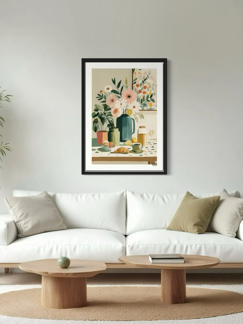Plakat Breakfast Mood - kolorowy stół śniadaniowy z kwiatami i pastelami - obrazek 3