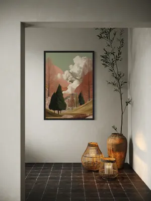 Plakat Verdant Mirage - surrealistyczny krajobraz zielonych wzgórz, czerwonych drzew i pastelowego nieba - obrazek 3
