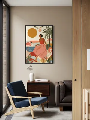 Plakat Tropical Dream - kobieta w różowej sukience na egzotycznej plaży z palmami i flamingami - obrazek 2