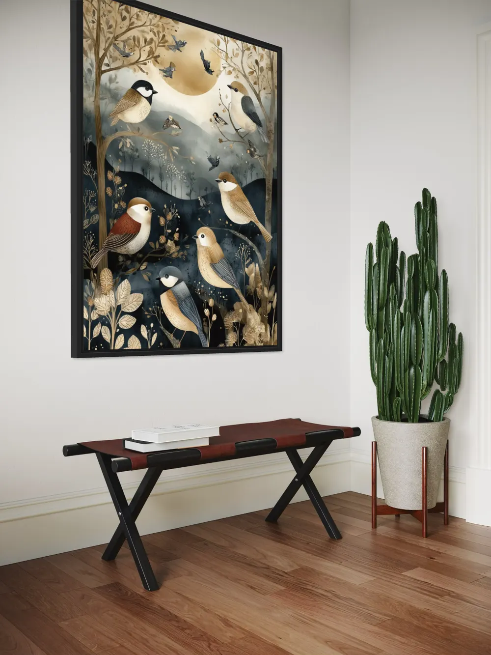 Plakat Moonlit Aviary - ptaki na gałęziach pod złocistym księżycem - obrazek 3