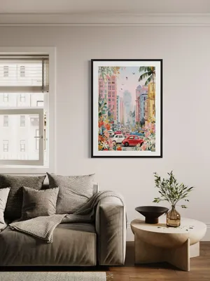 Plakat Urban Bloom - kolorowe miasto z wieżowcami i palmami - obrazek 3