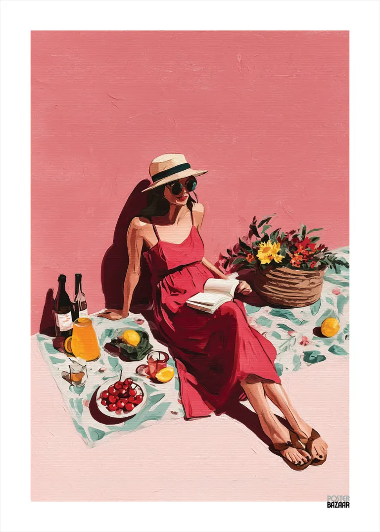 Summer Picnic — kobieta w różowej sukience na kocu z książką i koszem kwiatów