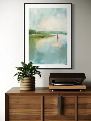Plakat Sail Away - spokojny krajobraz z czerwoną żaglówką na jeziorze - obrazek 2