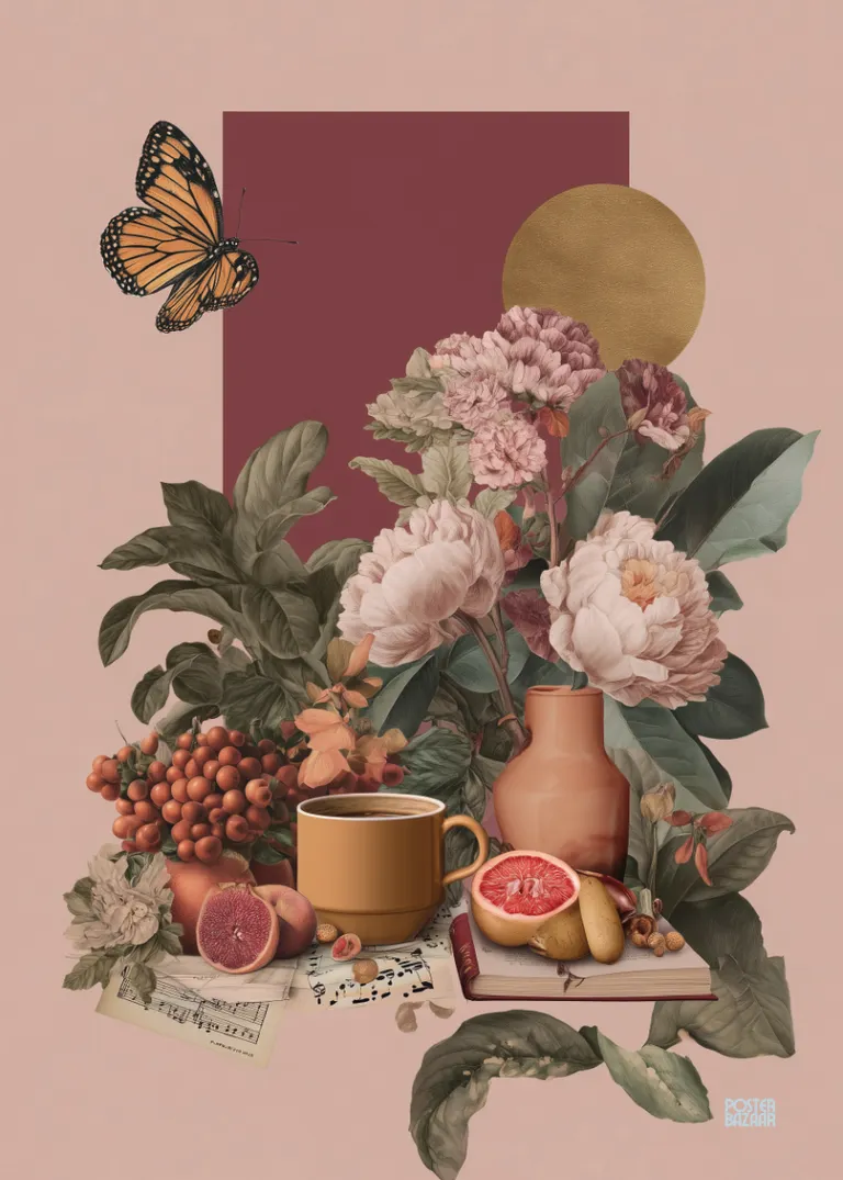 Butterfly Brunch — plakat z pomarańczowym motylem nad kwiatami i kubkiem