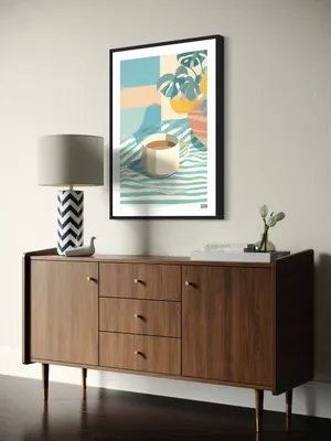 Plakat Morning Coffee - filiżanka kawy na pastelowym, pasiastym obrusie - obrazek 3