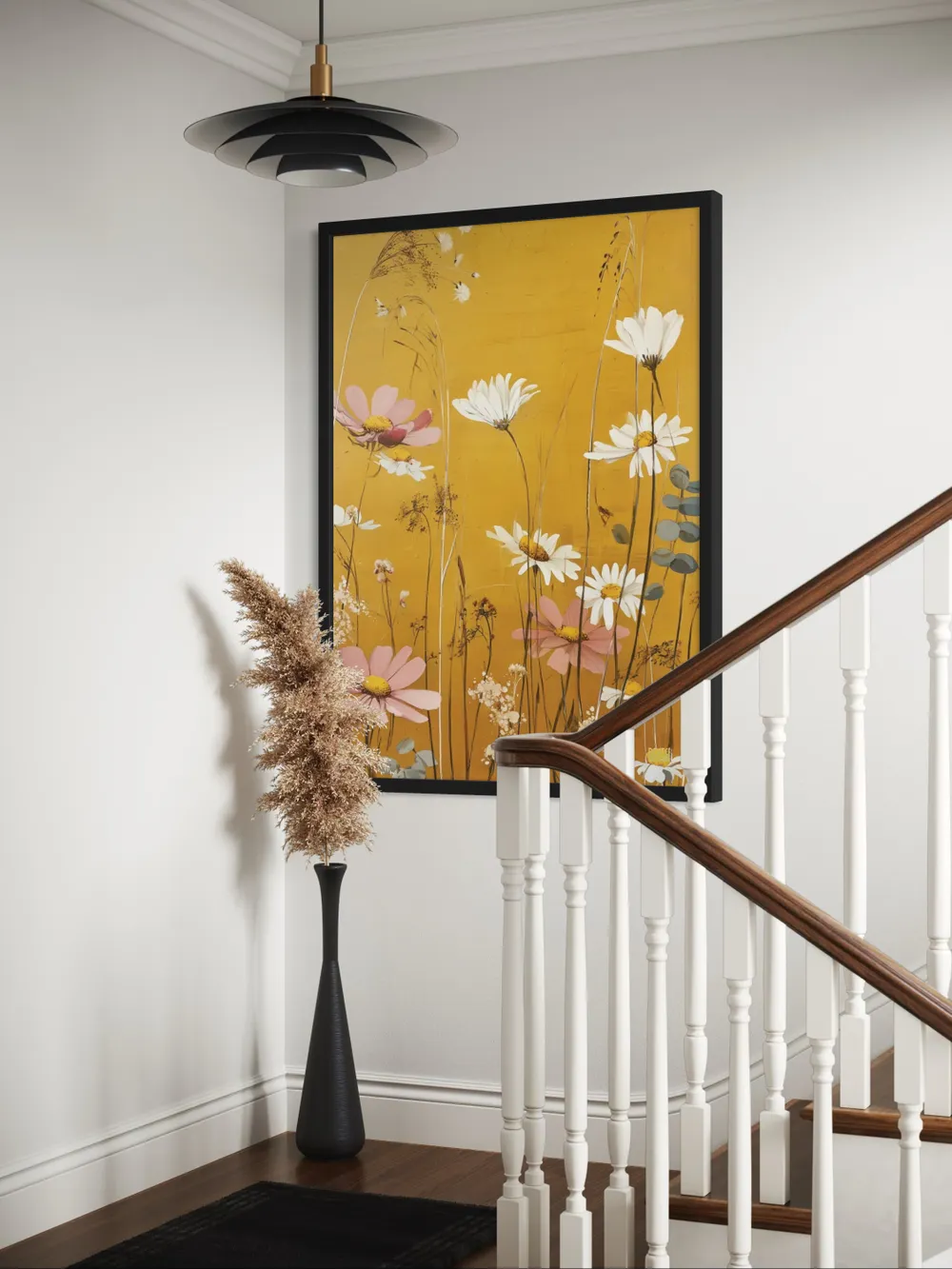 Plakat Sunlit Daisies - delikatne polne kwiaty w pastelowych barwach na słonecznym, żółtym tle - obrazek 3