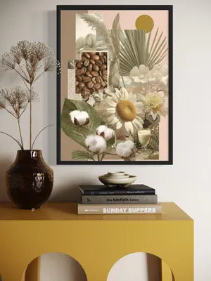 Plakat Cotton & Coffee - pastelowy kolaż bawełny, kawy i rumianku - obrazek 3