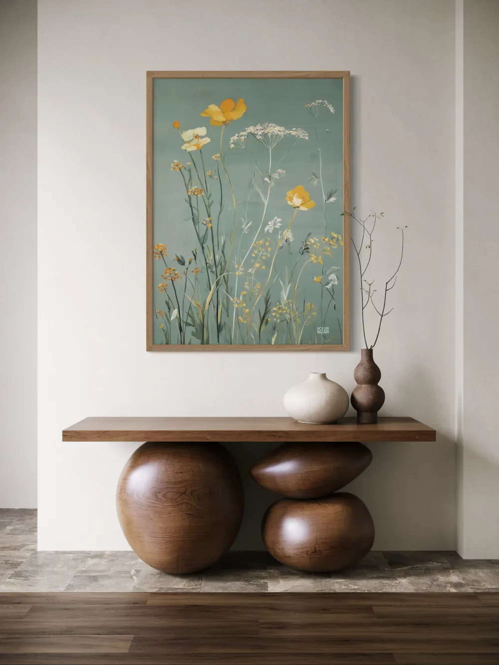 Plakat Tranquil Field Art - delikatne dzikie kwiaty w pastelowych barwach na malarskim błękitnym tle - obrazek 3