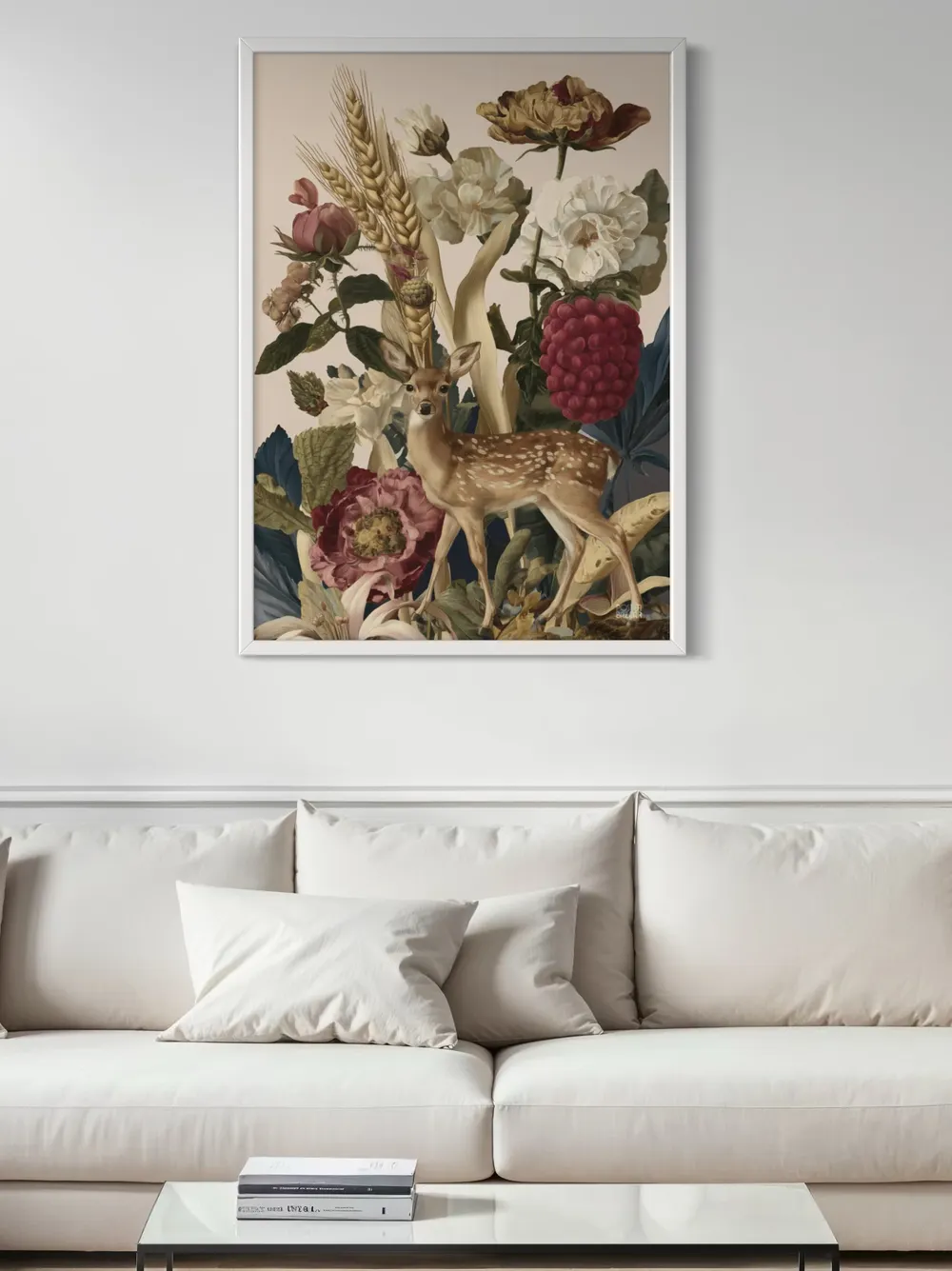 Plakat Deer & Berries - jelonek wśród kwiatów i owoców w stylu retro - obrazek 3