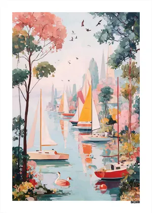 Plakat Sailboats Lake - kolorowe żaglówki na spokojnym jeziorze