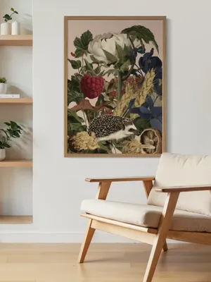 Plakat Hedgehog Picnic - jeżyk wśród kwiatów, malin, kłosów i grzybów, bajkowy realizm - obrazek 3