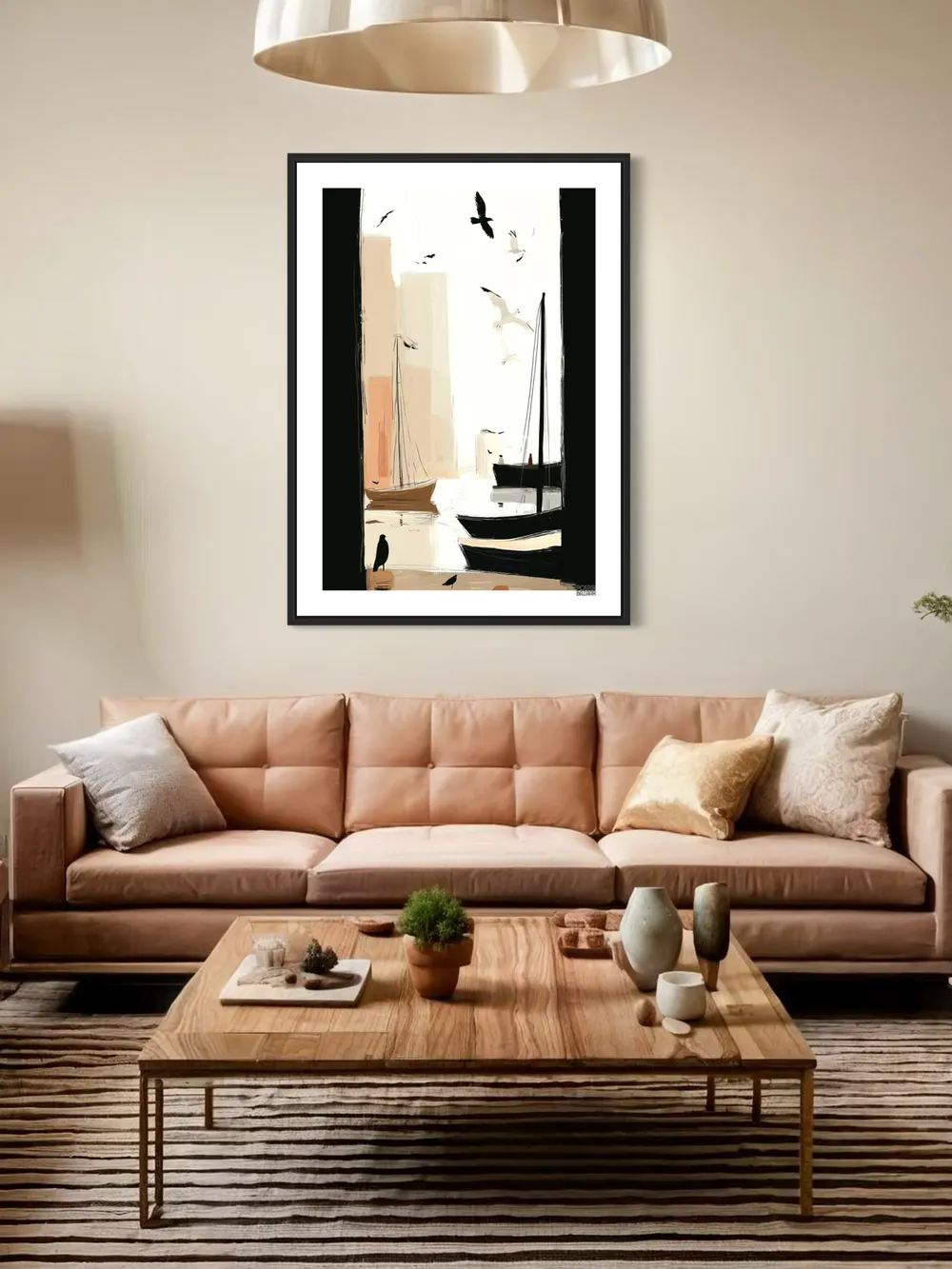 Plakat Harbor Birds - żaglówki, mewy i pastelowe budynki w minimalistycznym stylu - obrazek 3