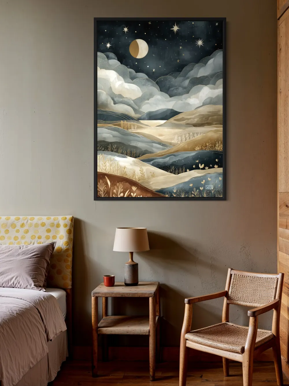 Plakat Celestial Fields - bajkowy krajobraz nocny z księżycem i złotymi wzgórzami - obrazek 2