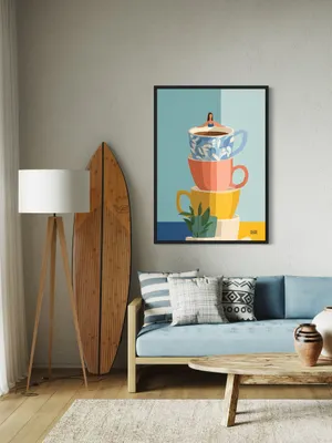 Plakat Cup Tower - pastelowa wieża filiżanek z relaksującą kobietą - obrazek 3
