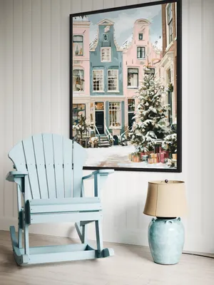 Plakat Snowy Pastels - ośnieżona choinka i pastelowe kamienice z prezentami - obrazek 3