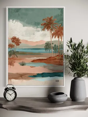 Plakat Tropical Escape - plamy na tle laguny w pastelowych odcieniach - obrazek 3