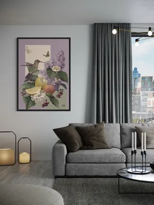 Plakat Hummingbird Garden - kolorowy koliber przy fioletowych kwiatach bzu - obrazek 2