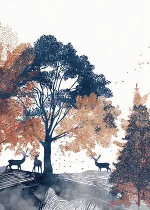 Plakat Antler Grove - jelenie pod drzewem w jesiennym lesie akwarelowym