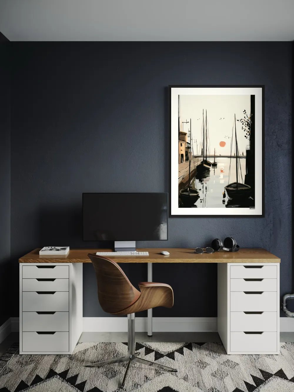 Plakat Harbor Stillness - spokojna przystań z łódkami i pomarańczowym słońcem - obrazek 2