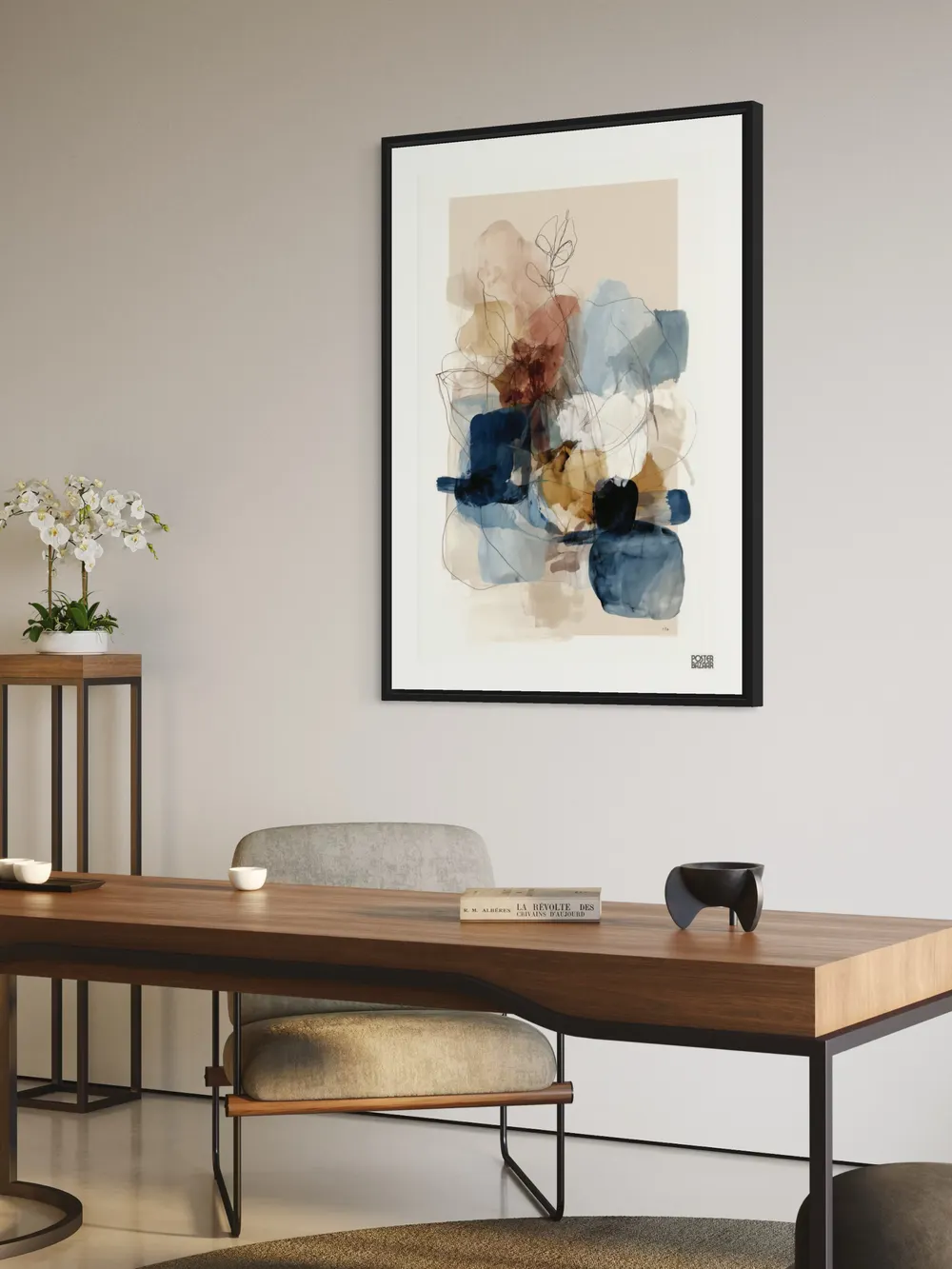 Plakat Dreamy Shapes - abstrakcyjne plamy w niebieskim, brązowym i beżu, cienkie linie - obrazek 3