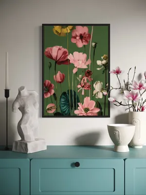 Plakat Green Florals - malarskie kwiaty w odcieniach różu, żółci i bieli na ciemnozielonym tle, artystyczne - obrazek 3