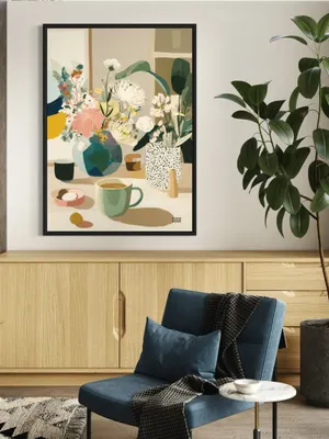 Plakat Pastel Morning - filiżanka kawy i pastelowe kwiaty w jasnym świetle - obrazek 2