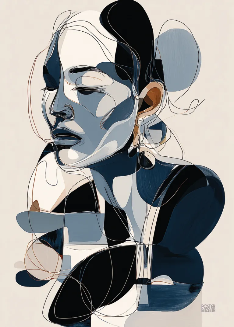 Abstract Face — abstrakcyjny portret kobiety w odcieniach niebieskiego, bieli i czerni