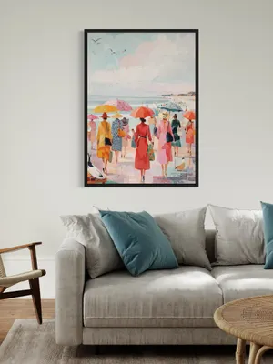 Plakat Retro Beach - kolorowa scena plaży w stylu retro z kobietami i parasolkami - obrazek 3