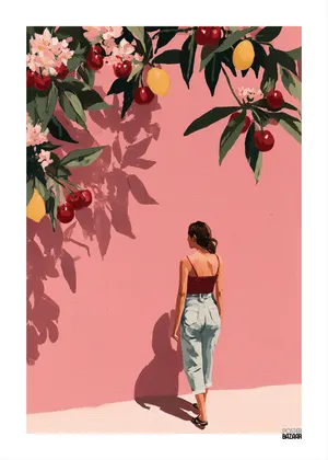 Plakat Summer Dream - dziewczyna boso przy różowej ścianie z letnimi owocami