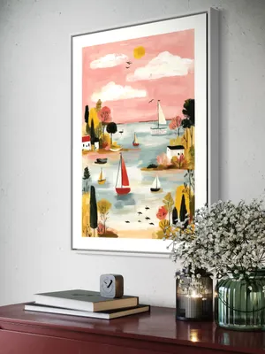 Plakat Pink Sailing - radosna scena żaglówek na spokojnej wodzie w różowych odcieniach - obrazek 3