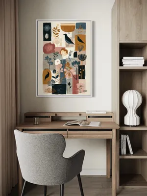Plakat Birds & Flowers - czarne ptaki wśród kolorowych abstrakcyjnych kwiatów - obrazek 2
