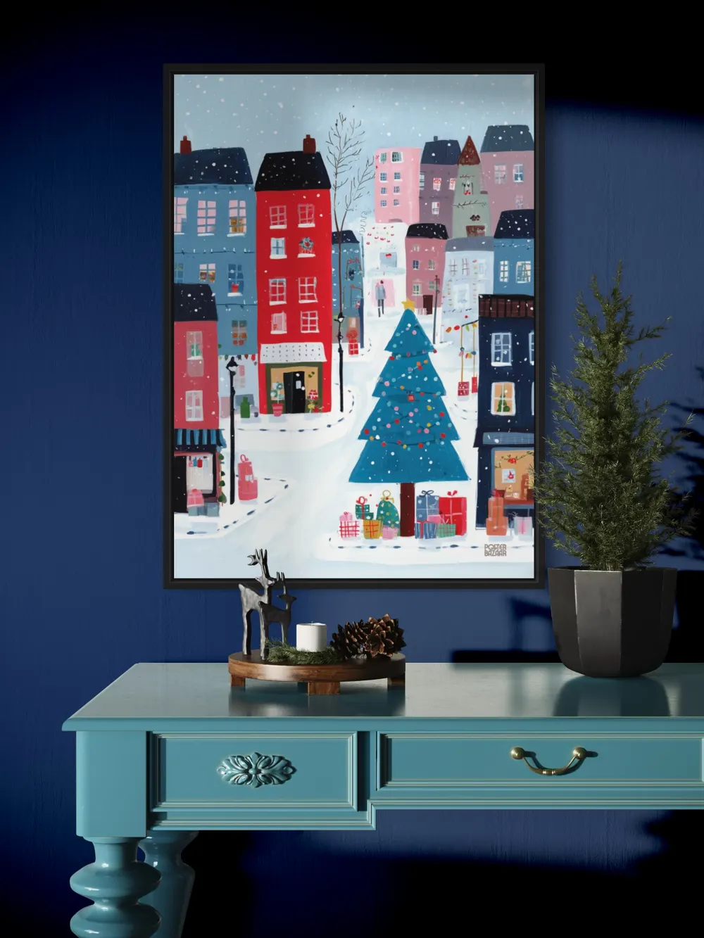 Plakat Snowy Gift Lane - kolorowa choinka i zimowe miasteczko w śniegu - obrazek 2