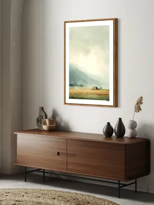 Plakat Misty Valley - domek w dolinie z zamglonymi wzgórzami - obrazek 2