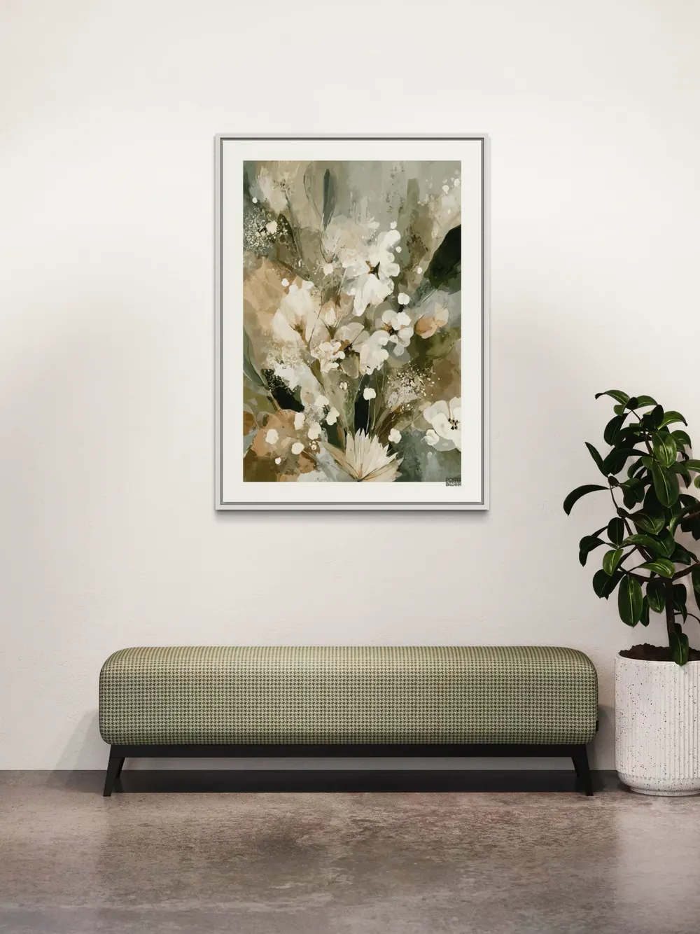 Plakat Green Bloom - delikatny bukiet białych kwiatów na zielonych liściach, akwarela - obrazek 3