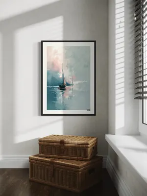 Plakat Pastel Sailing - dwie żaglówki na spokojnej wodzie w pastelowych odcieniach - obrazek 2