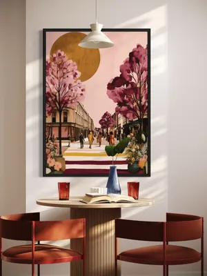 Plakat City Blossom - kwitnąca ulica z ludźmi, złote słońce i drzewa w odcieniach różu, beżu i zieleni - obrazek 2