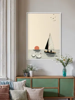 Plakat Swan Evening - minimalistyczny plakat z łabędziami, żaglówką i zachodem słońca - obrazek 3