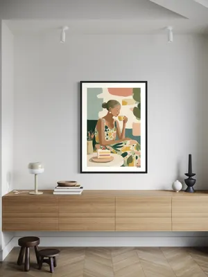 Plakat Tea Time - kobieta w kolorowej sukience delektująca się herbatą i ciastem - obrazek 3
