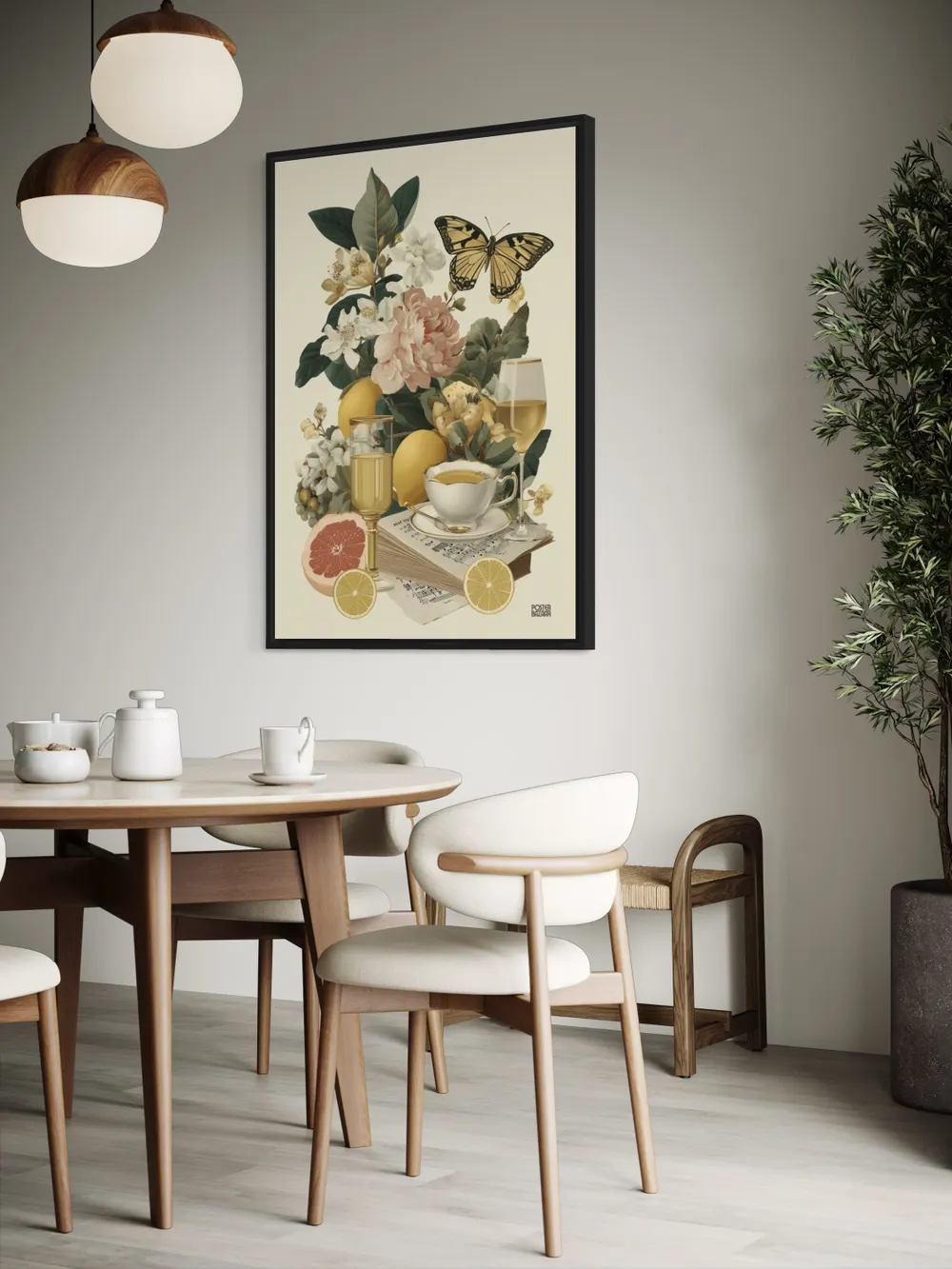 Plakat Butterfly Citrus - żółty motyl nad kwiatami i cytrusami w jasnych kolorach - obrazek 3